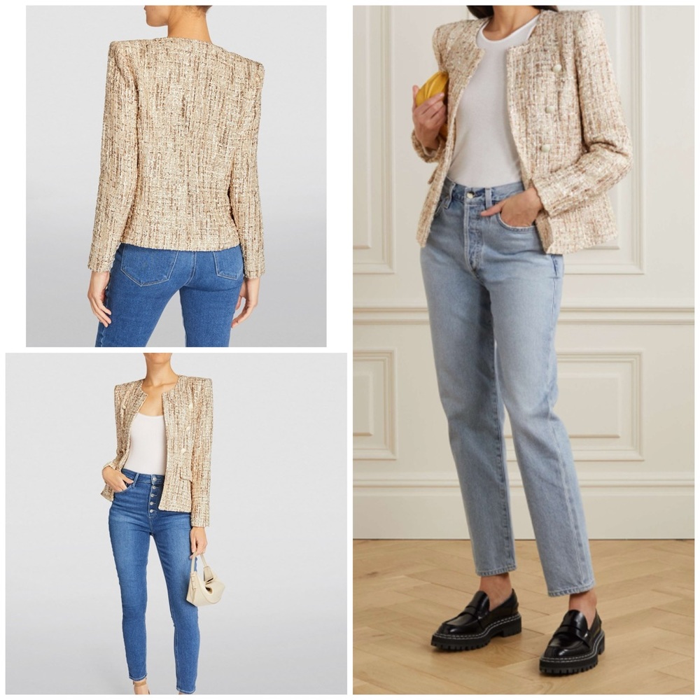 L'AGENCE Effie Metallic Bouclé Tweed Sequin Gold cream Double Breasted Jacket 2